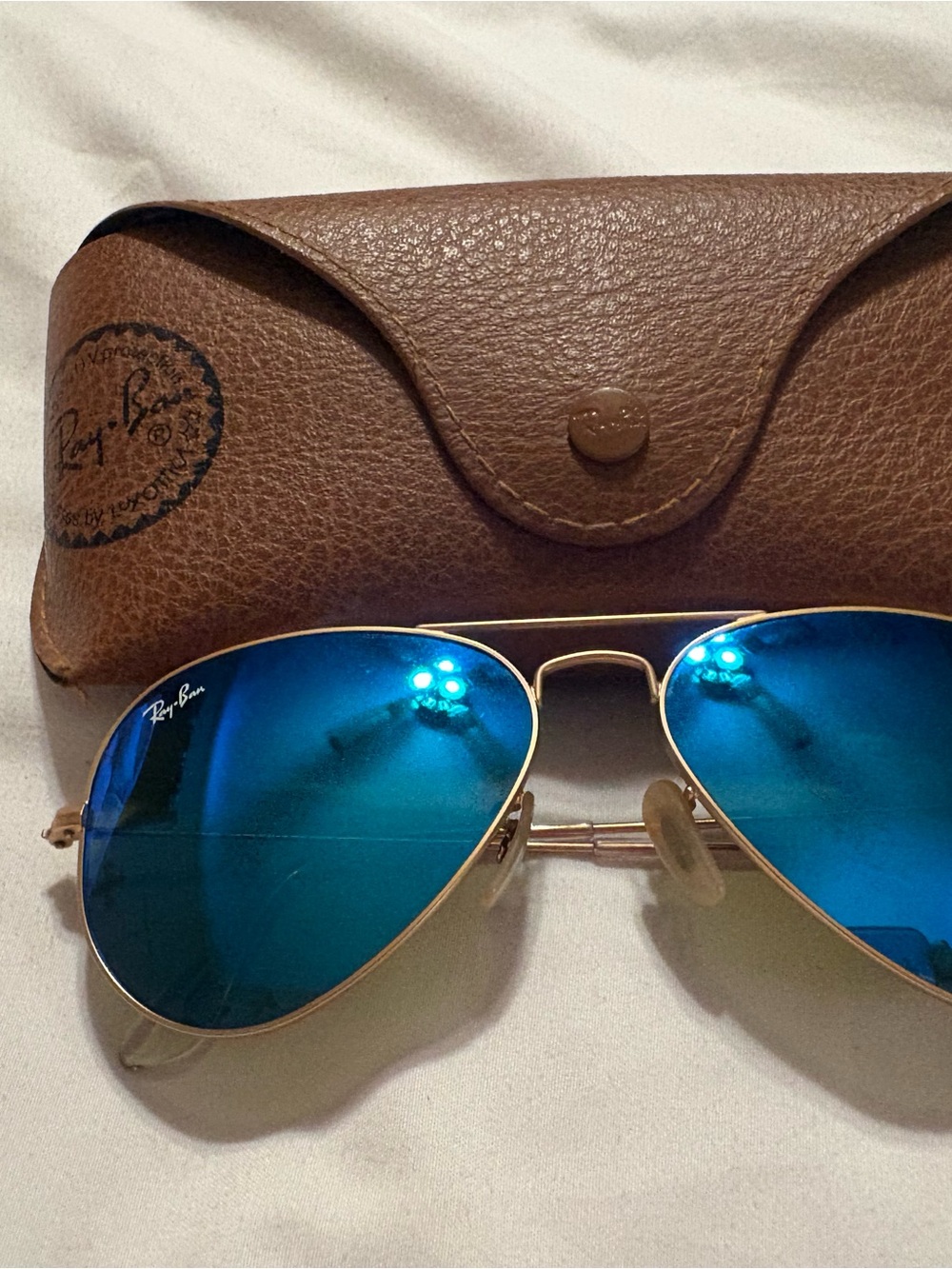 Ray-Ban Gold Frame Aviator Sunglasses with Blue Lenses